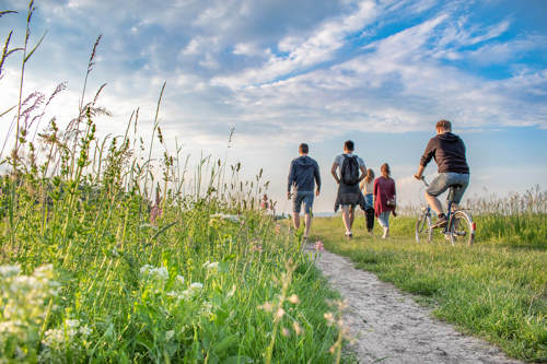 group walking through a field 
