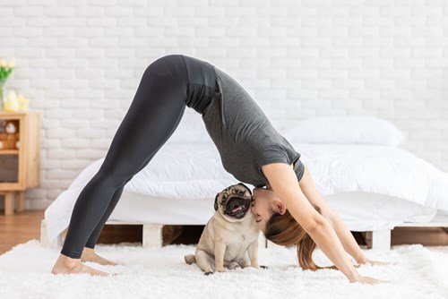 Woman practising yoga positions at home